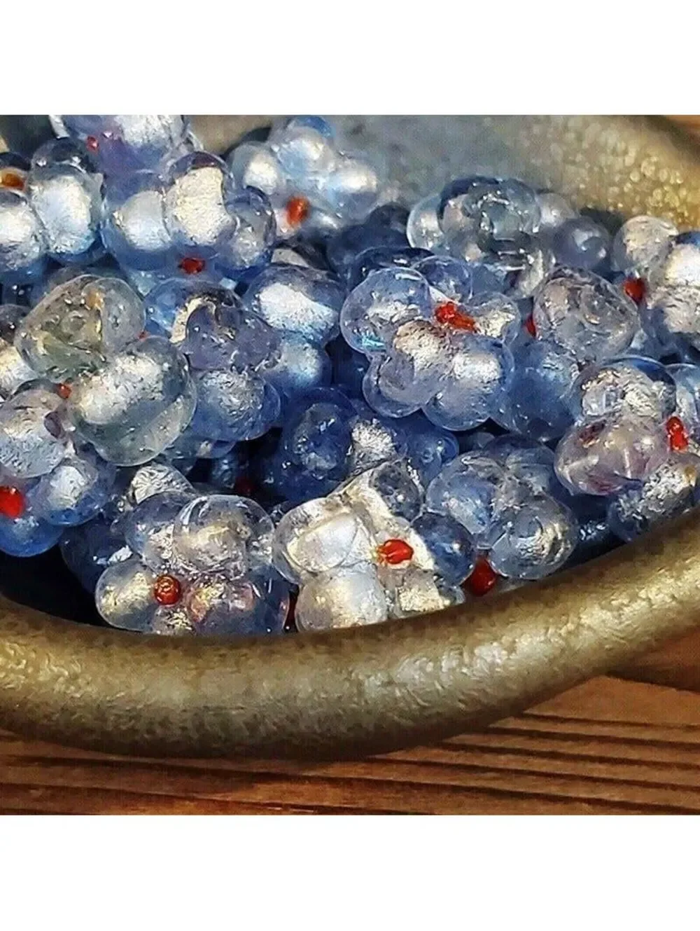 5 Vintage India Glass Icy Blue Flower Beads with Silver Foil